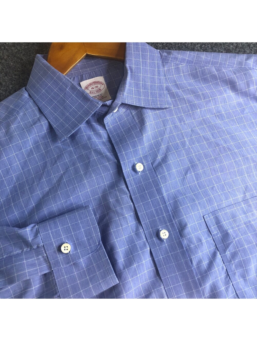Brooks Brothers Dress Shirt Mens 16 35 Blue Cotton Non-Iron Regular Fit Checl